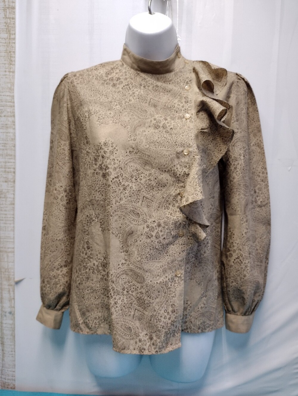 Breckenridge Vintage-Inspired Tan Paisley Ruffle High-Neck Shirt Blouse - 4